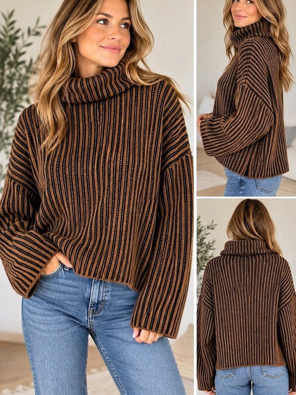 Zara Striped Cowl Neck Sweater in Brown & Black Medium Like New